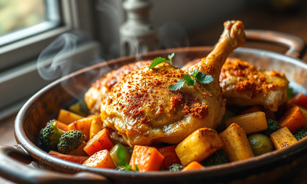 Frango Assado Ao Curry Com Legumes Crocante Em 1 Hora 3 Frango dourado com pele crocante sobre legumes vibrantes e aromáticos.