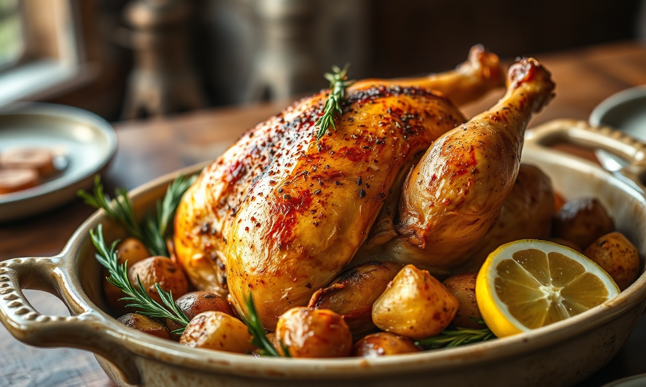 Frango dourado com pele crocante, batatas macias e aromáticas, servido direto da assadeira para a mesa de domingo.