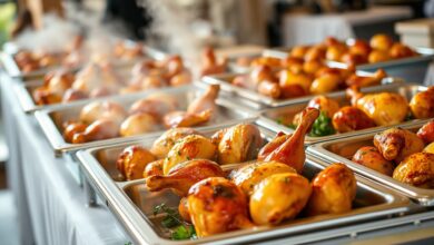 Bandejas de frango assado dourado e crocante, com pele brilhante e suculenta, dispostas em um buffet de grande evento, prontas para servir.