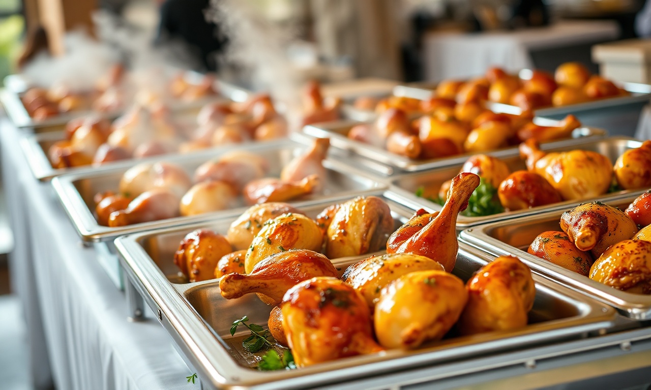 Bandejas de frango assado dourado e crocante, com pele brilhante e suculenta, dispostas em um buffet de grande evento, prontas para servir.