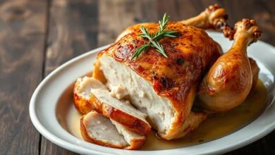 Um frango inteiro com a pele perfeitamente dourada e crocante, fatiado sobre uma tigela de cerâmica branca, revelando a carne macia e suculenta por dentro.