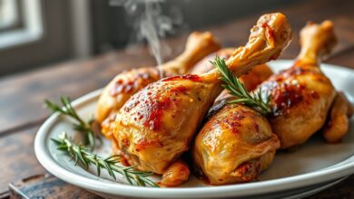 Porção de frango assado reaquecido com pele dourada e estalosa, macio por dentro, servido em prato de cerâmica.