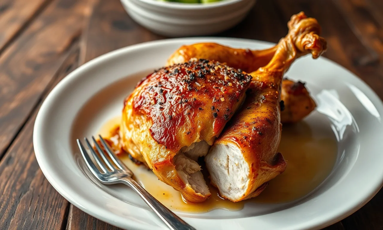 Como Esquentar Frango Assado: Fofinho E Crocante Em 15 Min 3 Frango assado com pele dourada e crocante, interior suculento, servido em travessa branca com leve vapor subindo, pronto para comer.
