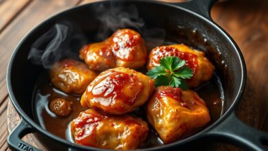 O prato finalizado, com pedaços de frango dourados e brilhantes por um molho agridoce espesso, pronto para servir.