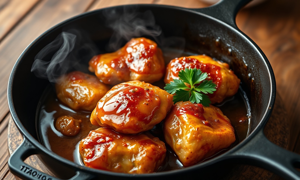 O prato finalizado, com pedaços de frango dourados e brilhantes por um molho agridoce espesso, pronto para servir.