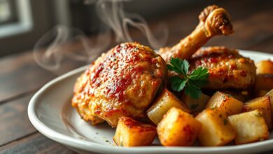 Prato principal com coxas de frango douradas e batatas cubos crocantes, servido em um prato rústico.