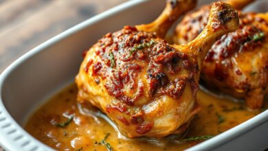 Frango com creme de cebola no forno, com a pele dourada e crocante, coberto por uma camada caramelizada de tempero.