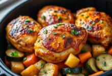 Coxas de frango douradas e crocantes sobre uma cama de legumes assados, finalizado com salsinha fresca picada.
