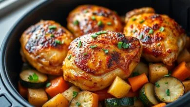 Coxas de frango douradas e crocantes sobre uma cama de legumes assados, finalizado com salsinha fresca picada.