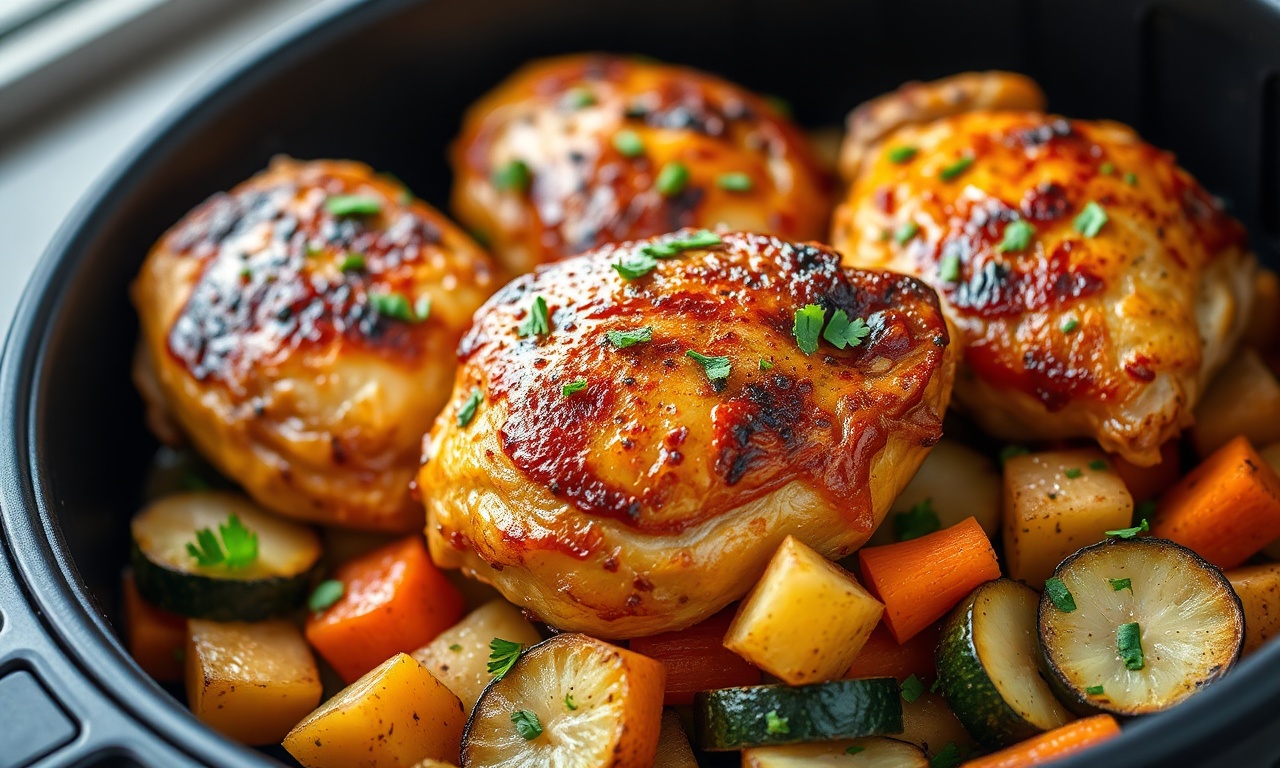 Frango Com Legumes Na Airfryer: Prático E Suculento 3 Coxas de frango douradas e crocantes sobre uma cama de legumes assados, finalizado com salsinha fresca picada.