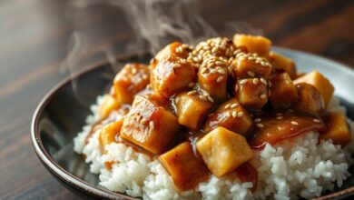 Cubos de frango dourados e suculentos, envoltos por um molho oriental cremoso e brilhante à base de shoyu, finalizados com sementes de gergelim e servidos sobre um monte de arroz branco fumegante.