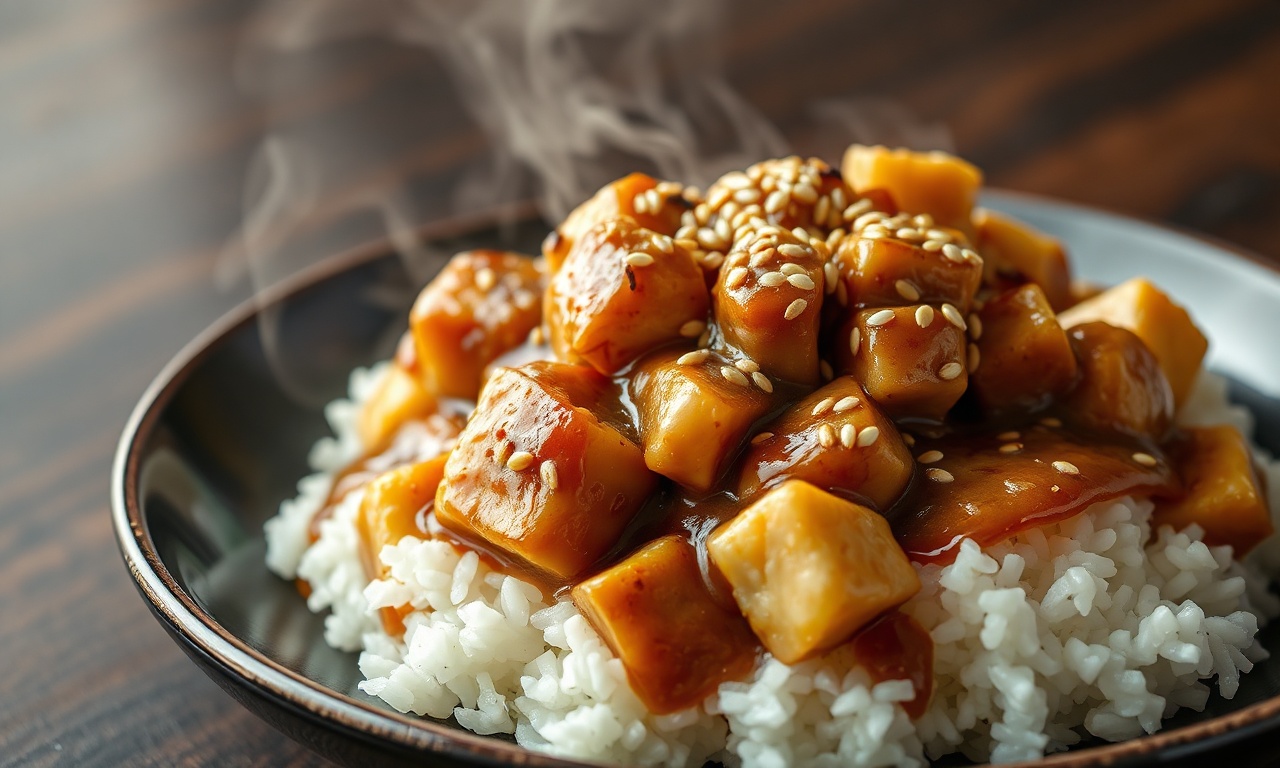 Cubos de frango dourados e suculentos, envoltos por um molho oriental cremoso e brilhante à base de shoyu, finalizados com sementes de gergelim e servidos sobre um monte de arroz branco fumegante.