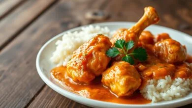 Pedaços de frango dourado e macio, cobertos por um molho cremoso e levemente alaranjado da páprica, servidos ao lado de arroz branco fumegante.