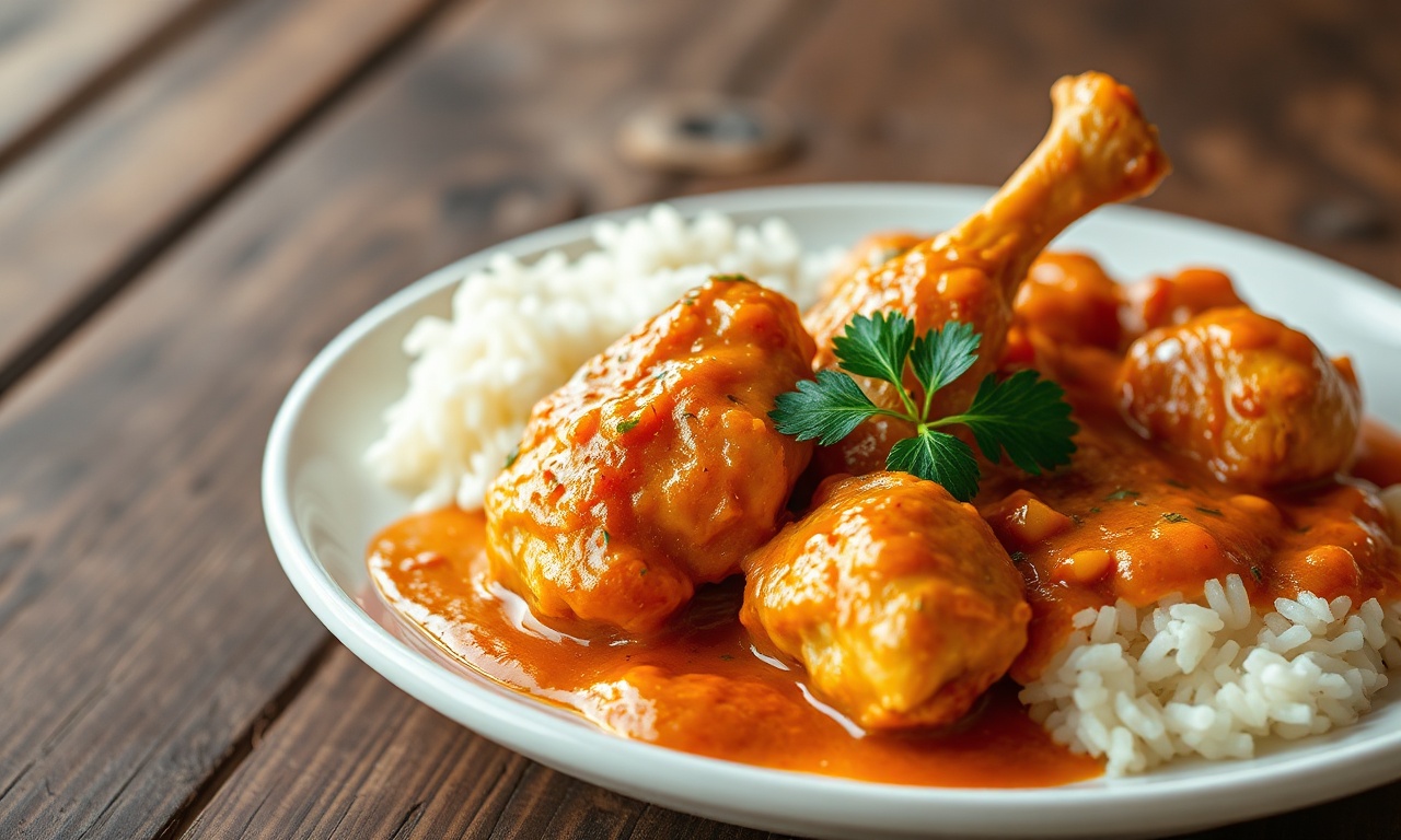 Frango Com Páprica Doce Cremoso Em 1 Hora: Molho Aveludado 3 Pedaços de frango dourado e macio, cobertos por um molho cremoso e levemente alaranjado da páprica, servidos ao lado de arroz branco fumegante.