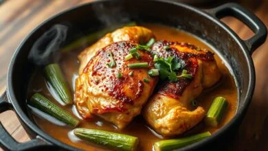 Frango dourado com pele crocante e quiabo firme em caldo encorpado, finalizado com cebolinha fresca.