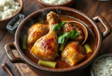 Ensopado de frango dourado com quiabos verdes firmes em caldo encorpado, servido em panela de barro rústica com manjericão fresco por cima.