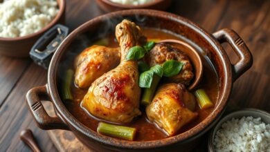 Ensopado de frango dourado com quiabos verdes firmes em caldo encorpado, servido em panela de barro rústica com manjericão fresco por cima.