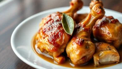 Pedaços de frango macios e dourados, servidos em um prato com caldo saboroso.