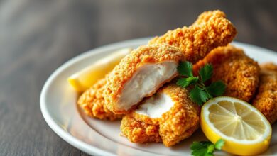 Sassami de frango com crosta dourada e textura estaladiça, servido em prato branco com fatias de limão.