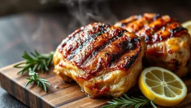 Sobrecoxas de frango com pele dourada e crocante, prontas para servir.