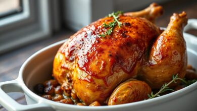 Frango inteiro dourado com crosta brilhante de mel e mostarda, recheado com farofa de frutas secas, apresentado em uma assadeira rústica e pronto para a ceia.