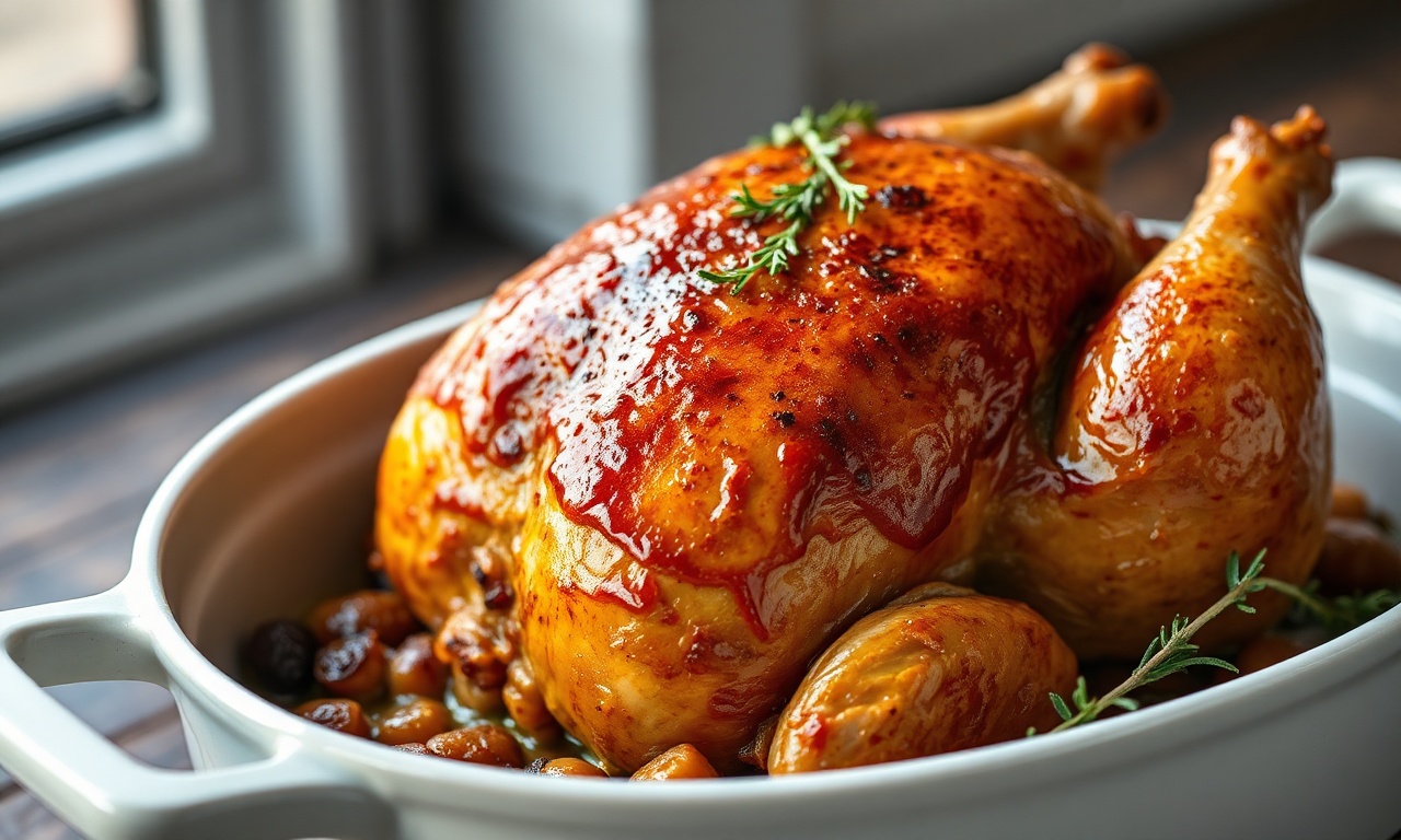 Frango inteiro dourado com crosta brilhante de mel e mostarda, recheado com farofa de frutas secas, apresentado em uma assadeira rústica e pronto para a ceia.