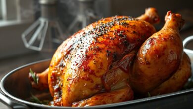 Frango inteiro assado com pele dourada e crocante, temperado com ervas, servido em uma assadeira.