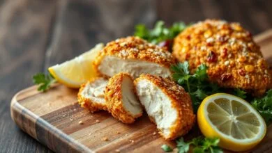 Porção de filés de frango com crosta dourada e quebradiça, servidos com limão e salada fresca.