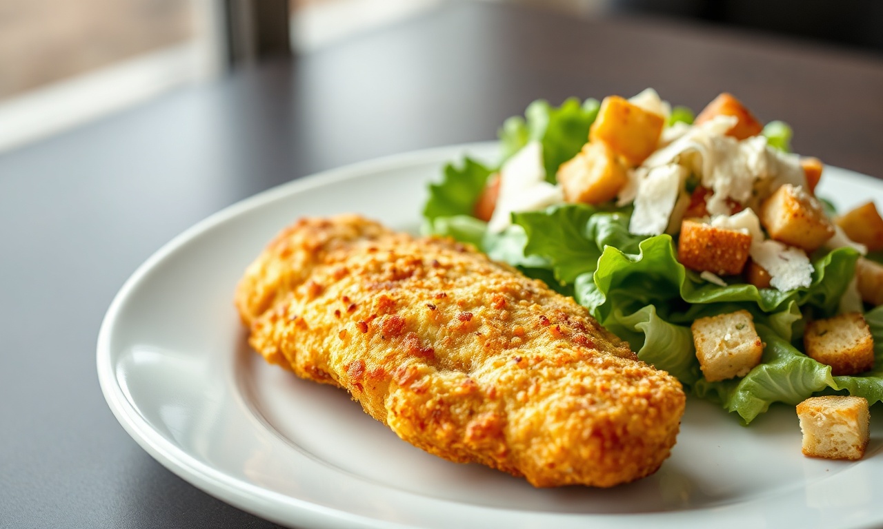 Acompanhamento Para Frango Empanado: 6 Ideias Rápidas 3 Prato finalizado com frango empanado dourado e crocante ao lado de uma salada Caesar verde e fresca, pronto para servir.