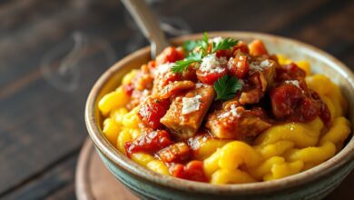 Um prato aconchegante e rústico com frango desfiado em um molho de tomate espesso, servido sobre uma base de polenta cremosa e amarela, polvilhado com parmesão.