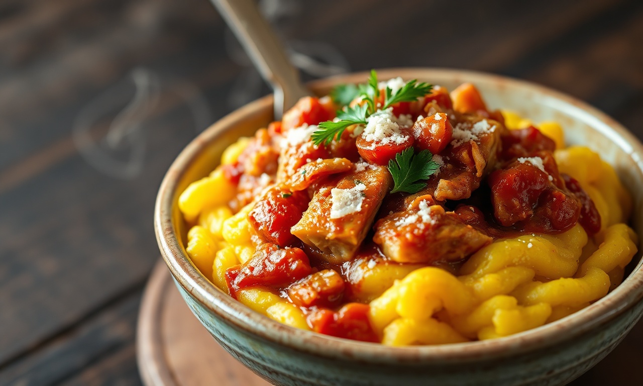 Um prato aconchegante e rústico com frango desfiado em um molho de tomate espesso, servido sobre uma base de polenta cremosa e amarela, polvilhado com parmesão.