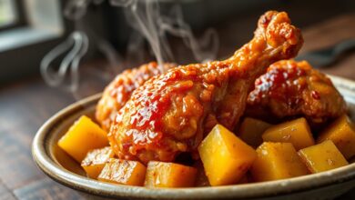 Pedacinhos de frango frito dourados e crocantes, cobertos por um glaze agridoce brilhante, intercalados com cubos de abacaxi caramelizado, servidos em um prato rústico.