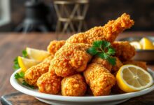 Pedaços de frango com crosta dourada e espessa, servidos em um prato rústico, prontos para comer.
