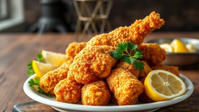Pedaços de frango com crosta dourada e espessa, servidos em um prato rústico, prontos para comer.