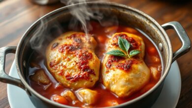 Pedaços de peito de frango dourados e suculentos em caldo aromático com tomate e cebola, prontos para desfiar