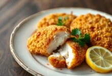 Filés de peito de frango empanados, com casca dourada e estaladiça, cortados para revelar o interior branco e suculento, servidos em um prato rústico.