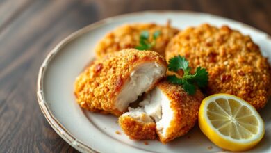 Frango Na Frigideira Perfeito: Crocante Por Fora, Macio Por Dentro 17 Filés de peito de frango empanados, com casca dourada e estaladiça, cortados para revelar o interior branco e suculento, servidos em um prato rústico.