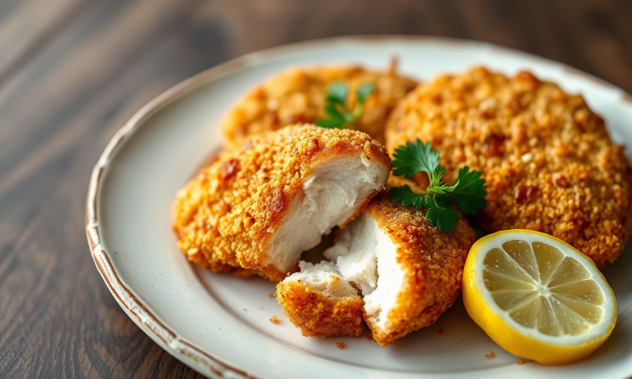 Frango Na Frigideira Perfeito: Crocante Por Fora, Macio Por Dentro 3 Filés de peito de frango empanados, com casca dourada e estaladiça, cortados para revelar o interior branco e suculento, servidos em um prato rústico.