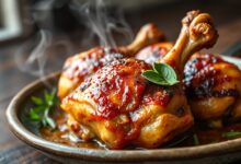 Pedaços de frango com pele dourada e levemente caramelizados, macios e suculentos, servidos em um prato rústico.
