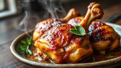 Pedaços de frango com pele dourada e levemente caramelizados, macios e suculentos, servidos em um prato rústico.