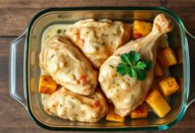 Uma travessa de vidro com frango suculento e levemente dourado, coberto por uma fina película de maionese e temperos, com cubos de batata cozidos ao redor.