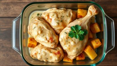 Uma travessa de vidro com frango suculento e levemente dourado, coberto por uma fina película de maionese e temperos, com cubos de batata cozidos ao redor.