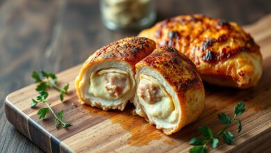 Dois peitos de frango dourados e crocantes, fatiados para revelar o recheio cremoso de queijo derretido e presunto no centro, servidos em uma tábua de madeira rústica.