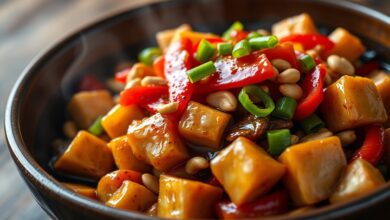 Prato finalizado de frango xadrez com molho brilhante e legumes coloridos