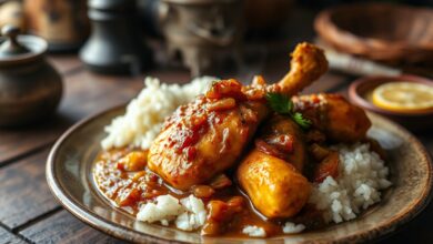 Coxas de frango com pele dourada e crocante, mergulhadas em um molho espesso de cebolas caramelizadas e limão, servidas com arroz branco fumegante.