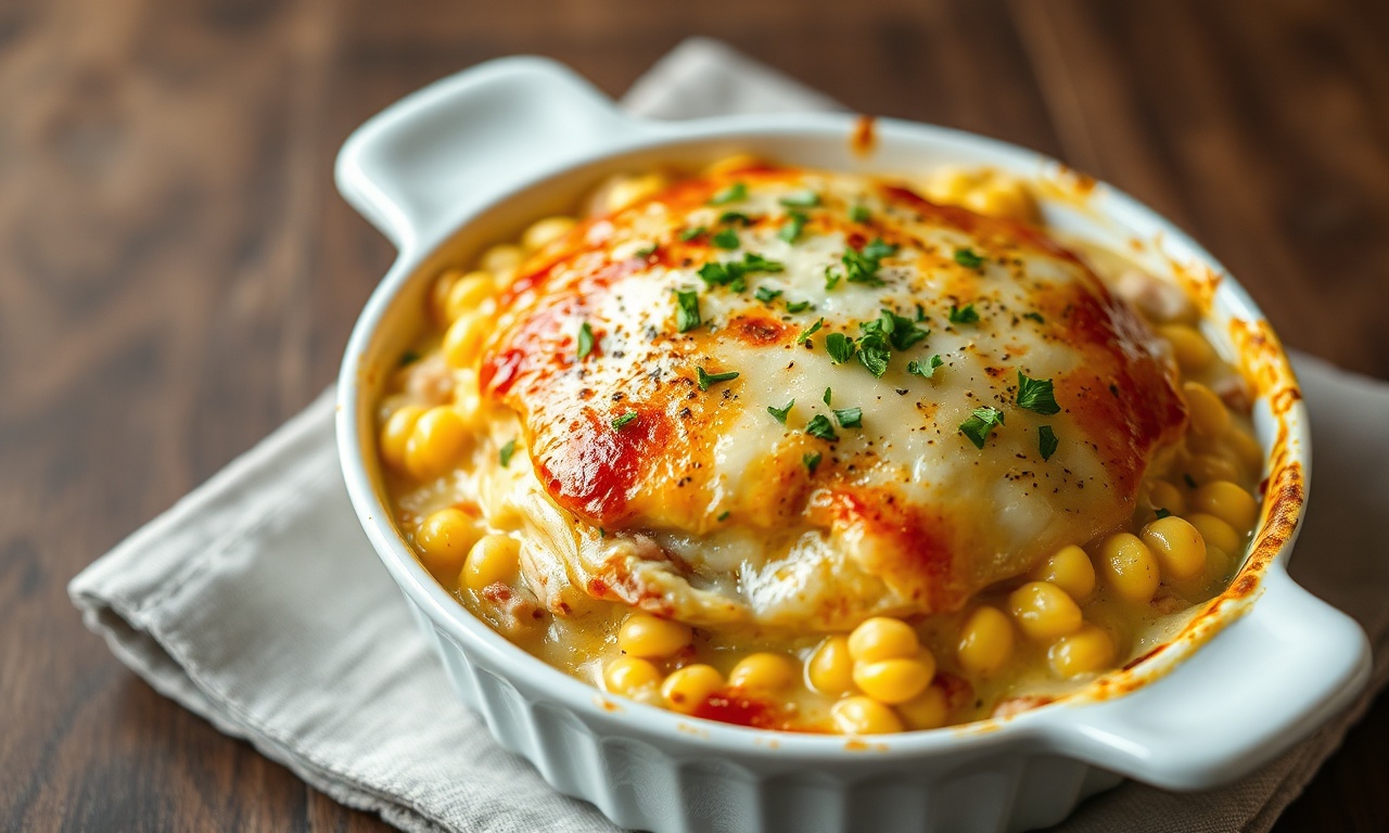 Refratário com fricassê de frango coberto por uma camada dourada e borbulhante de queijo muçarela, revelando o cremoso molho de milho e frango desfiado nas bordas.