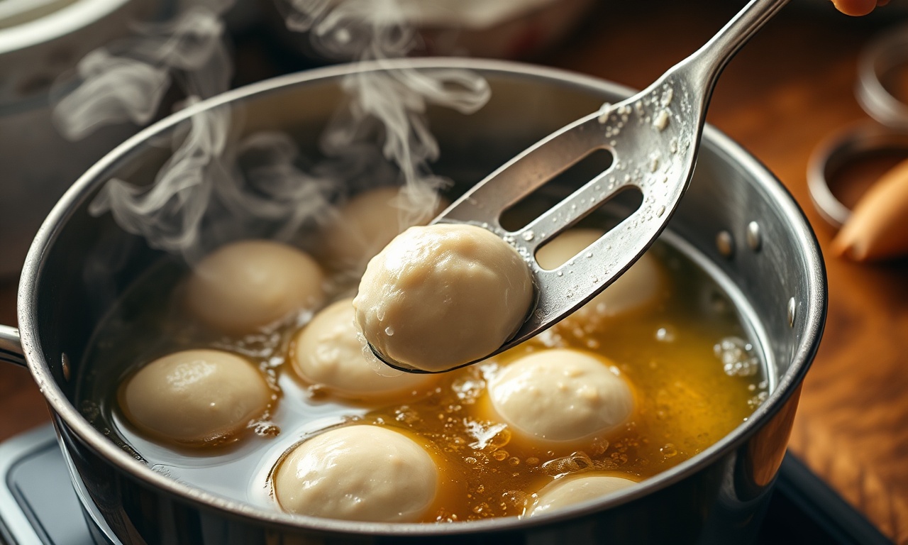 Bolinho De Chuva Fofinho E Crocante Em 25 Min (6 Ingredientes) 5 Bolinhos sendo fritos em óleo quente até dourar