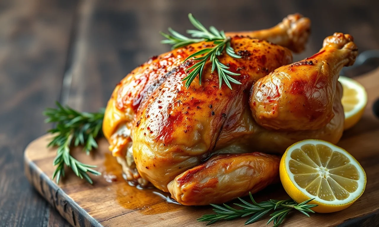 Galeto inteiro dourado na churrasqueira com pele crocante e aromas de alecrim.