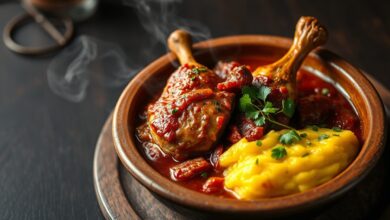 Prato clássico de frango caipira desfiado em molho de tomate, acompanhado de uma porção generosa de polenta cremosa e amarela, finalizado com cheiro-verde fresco.