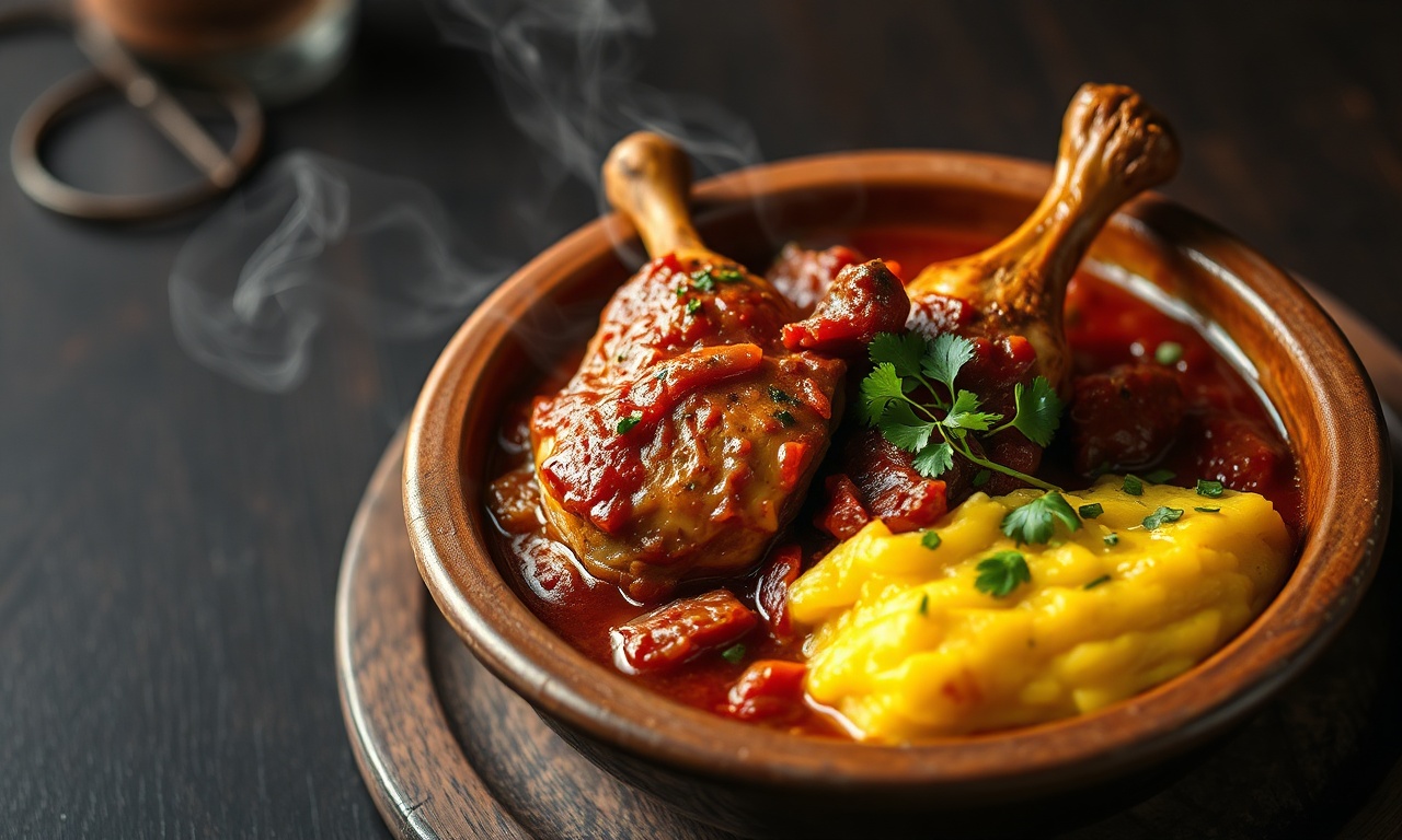 Prato clássico de frango caipira desfiado em molho de tomate, acompanhado de uma porção generosa de polenta cremosa e amarela, finalizado com cheiro-verde fresco.